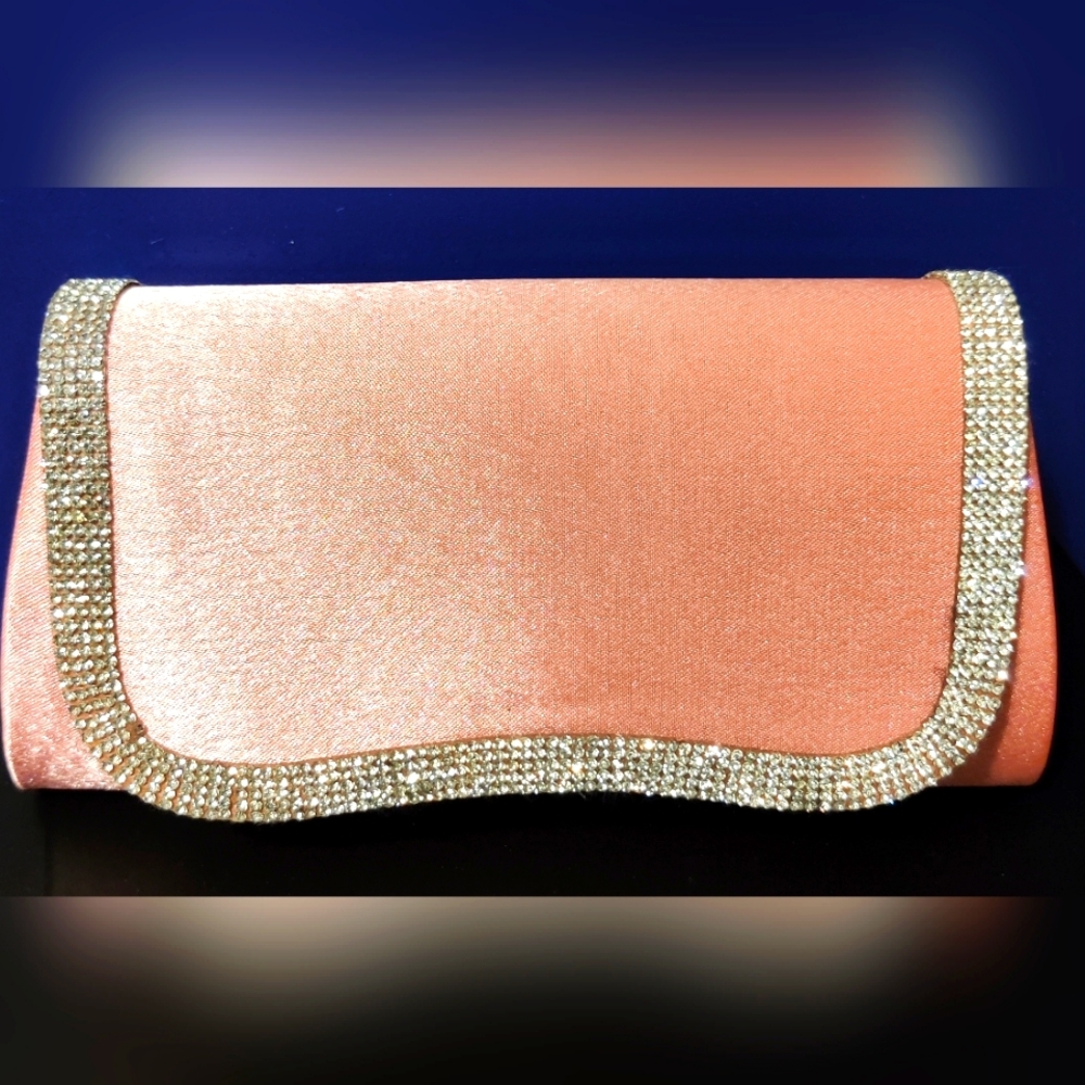 Pleated Satin Silver Rhinestone Coral Pink Clutch Purse
